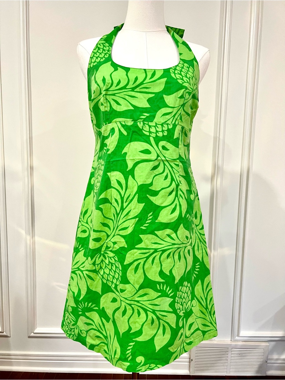 Roxy Y2K Hawaiian Halter Dress Green Tropical Print Made in USA Surf Sz L